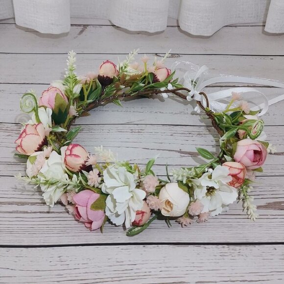 Floral Wreath Headband Pink Camellia Wedding Festival Photo Prop Women
